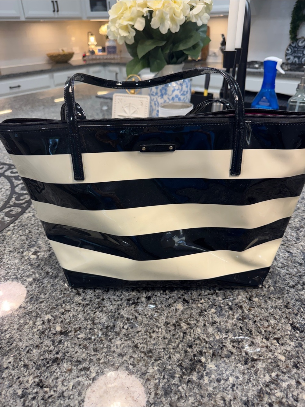 Kate Spade Black and Cream Striped Patent Tote Bag